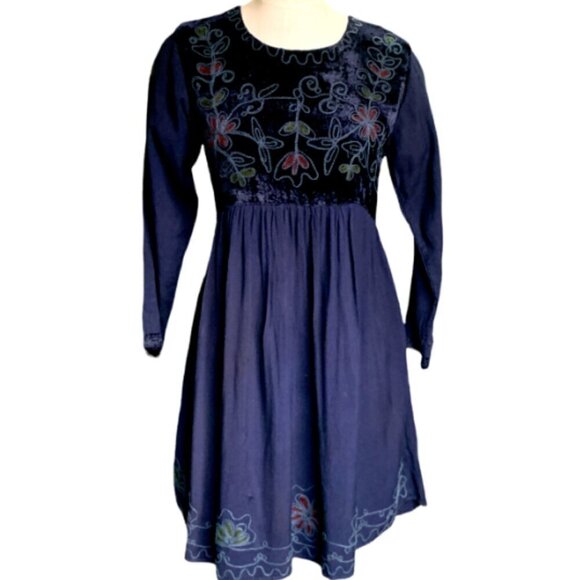 Sacred Threads BOHO Floral Embroidered & Velvet Dress One Size Blue #20C - Picture 1 of 8
